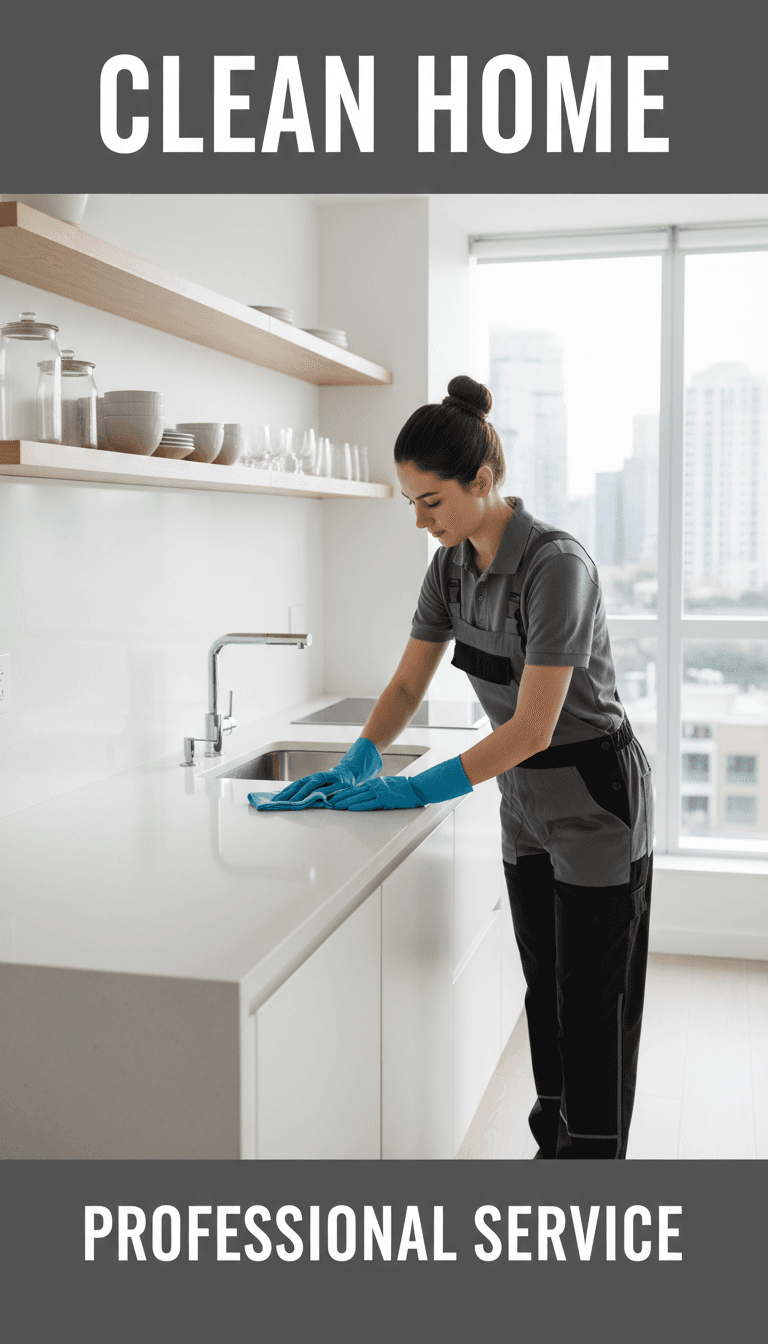 Professional cleaner working on kitchen counter