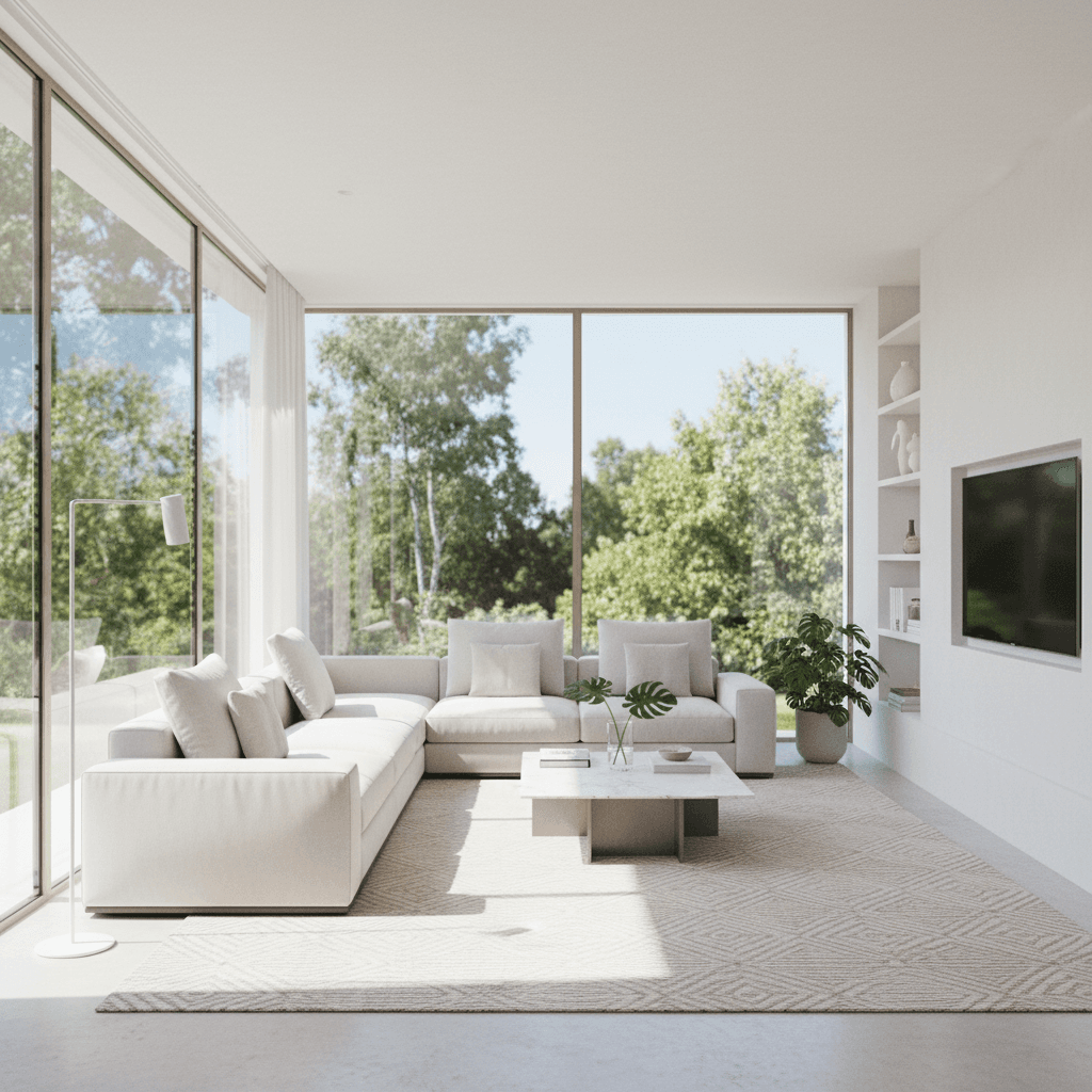 Bright clean living room with natural light and organized furniture