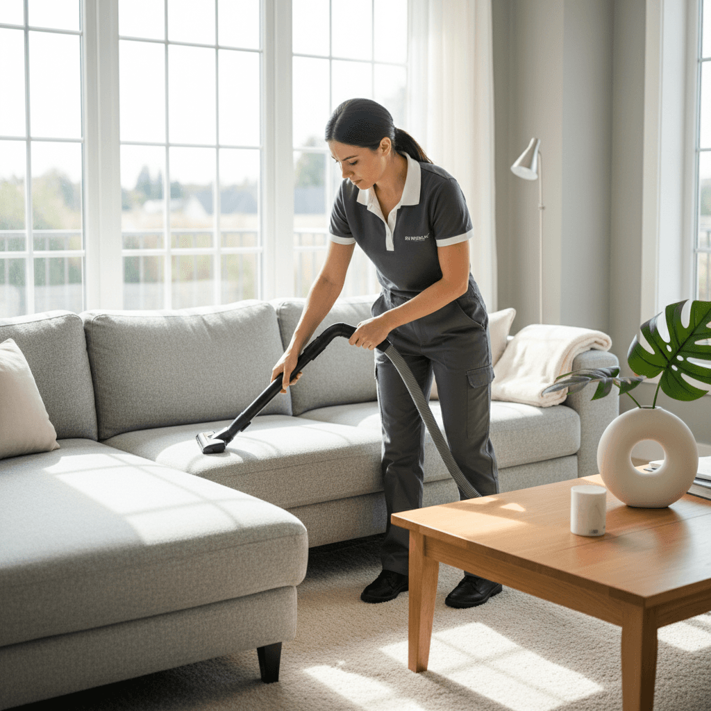 Professional cleaner vacuuming residential sofa in Dallas home