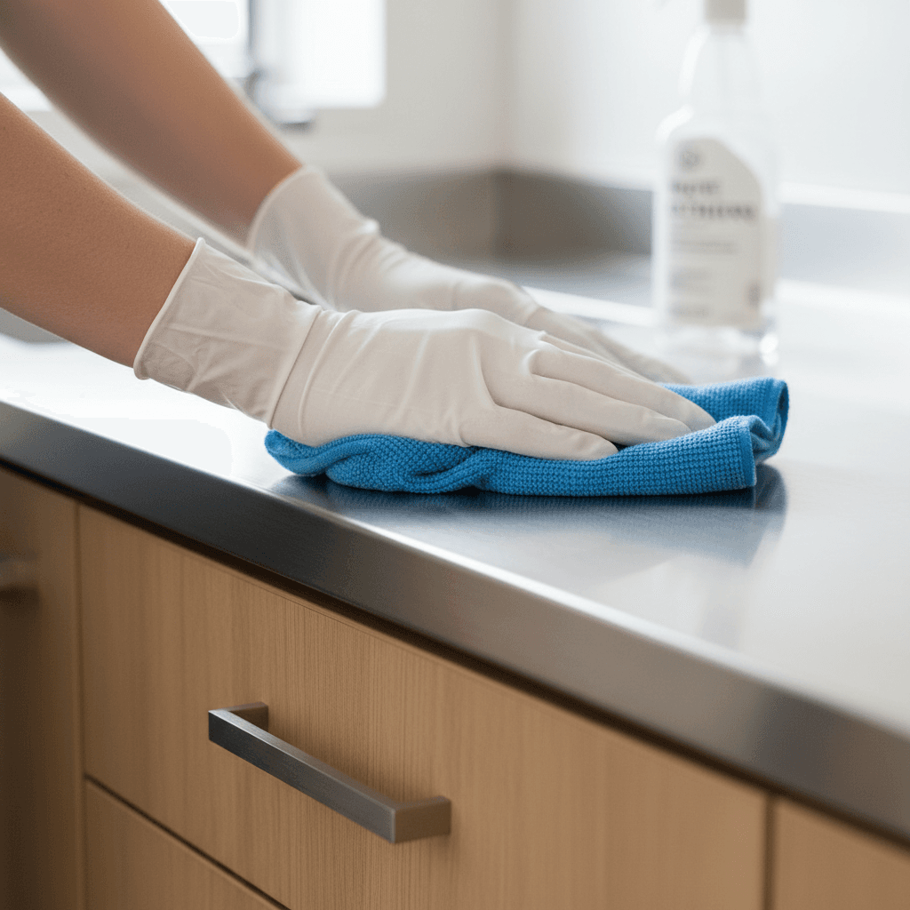 Hands polishing kitchen cabinet doors until they shine brightly