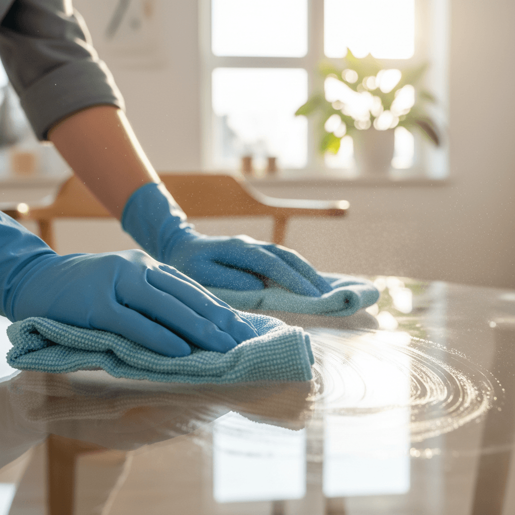 Professional cleaner wiping down a glass table with microfiber cloth in bright living room