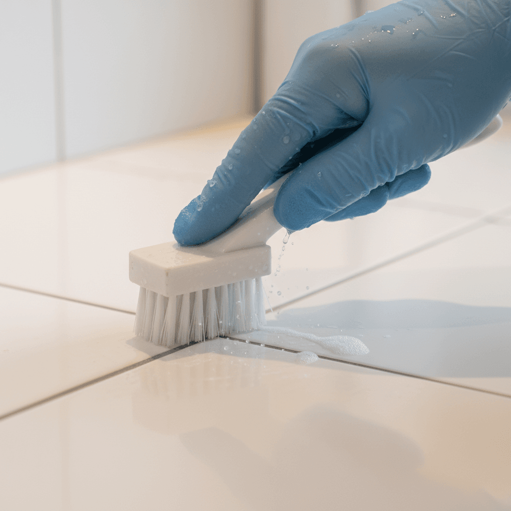 Professional cleaner scrubbing bathroom tile grout with focused attention to detail