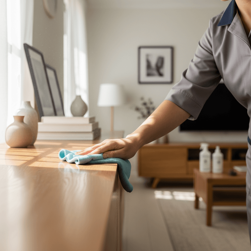 Professional cleaner on ladder reaching high shelves and corners during monthly deep clean